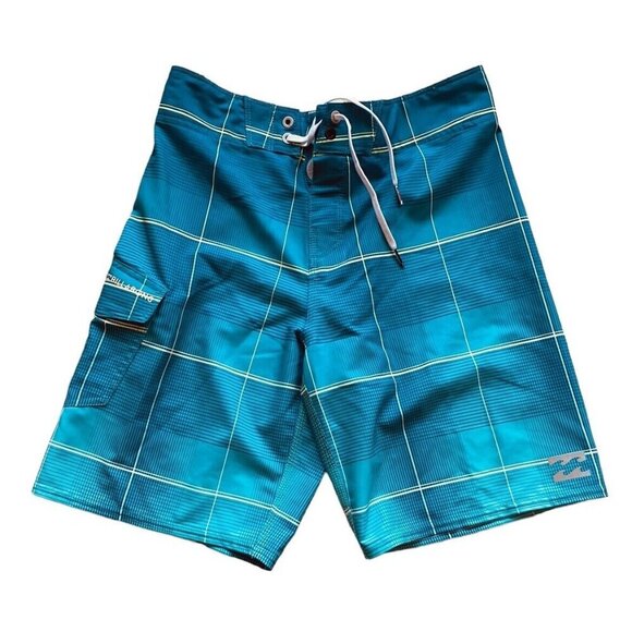 Billabong Platinum X Youth Teen Boys Teal Blue Neon Striped Swim Trunks Size 26